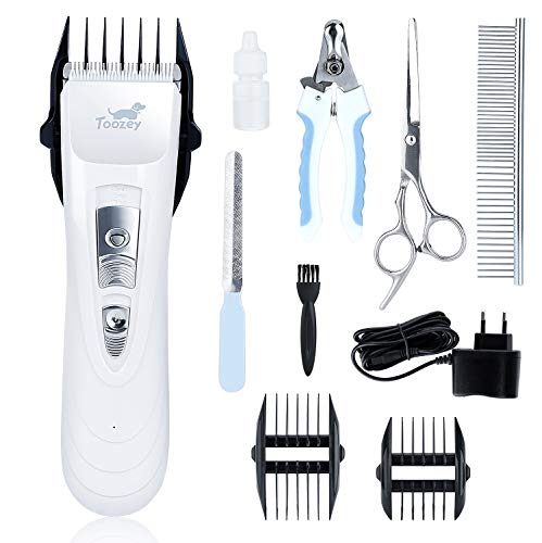 Toozey Cortapelos Perros Profesional para Cabello Grueso/Largo/Corto/Rizado - Kit de Maquina Cortar Pelo Perros de Silencioso Inalámbrico Recargable para Todas Las Mascotas, Blanco