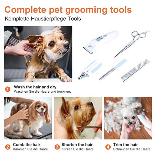 Toozey Cortapelos Perros Profesional para Cabello Grueso/Largo/Corto/Rizado - Kit de Maquina Cortar Pelo Perros de Silencioso Inalámbrico Recargable para Todas Las Mascotas, Blanco