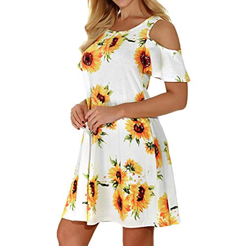 Tosonse Vestido De Verano con Hombros Descubiertos para Mujer Casual Summer Beach Party Manga Corta con Estampado De Girasol Vestido De Línea