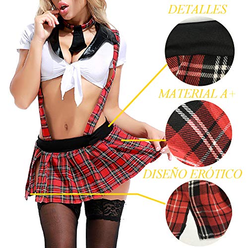 Trajes Colegiala de Cosplay, Sexy y Bonito Disfraz de Escuela Lencería Interior Atractivo Uniforme de Estudiante Juego de Roles Secreta Lencería Parejas con Mini Falda para Mujeres (Rojo-3 Piezas)