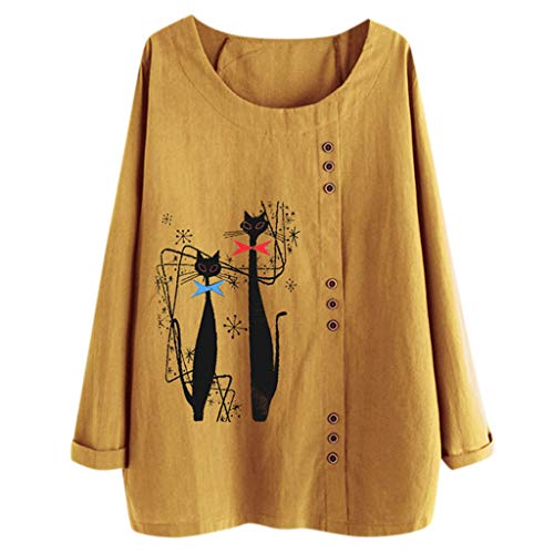 TUDUZ Blusas Mujer Manga Larga Camisas Botón Camisetas Impresión Tops Suelto Talla Extra M-5XL (Amarillo.g, XXXL)