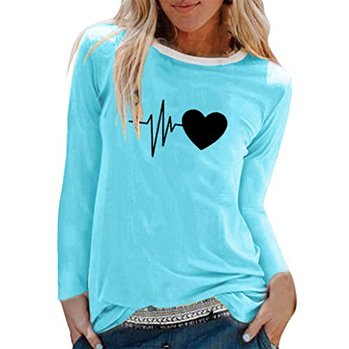 TUDUZ Camisas Mujer Manga Larga Blusas Impresión Tops Cuello Redondo Camisetas (Cielo Azul .f, XL)