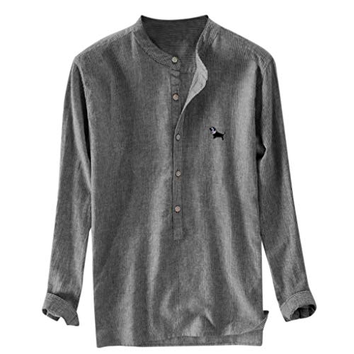 TUDUZ Camisetas Hombre Manga Larga Bordado De Rayas Camisas Algodón Y Lino Tops Botón Ropa Talla Extra (Gris Oscuro, L)