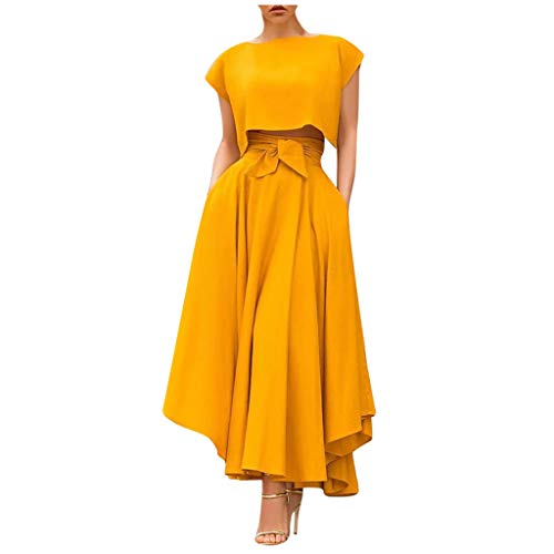 TUDUZ Falda De Cintura Alta para Mujer Faldas Largas Elegantes De Color Sólido Primavera Verano Falda Larga (Amarillo, L)