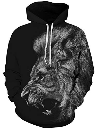 TUONROAD Hoodie Hombre Funny León 3D Impreso Negro Sudaderas con Capucha Ligero Unisex Sweatshirt Confortable Pullover Colorido Manga Larga Sweater Hoody con Bolsillos Cordón S-M