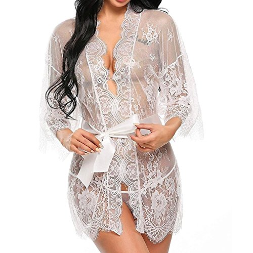 Tuopuda Mujer Bata Kimono Encaje Dormir Babydoll Camisón Malla y Tanga Conjunto y Cinturón