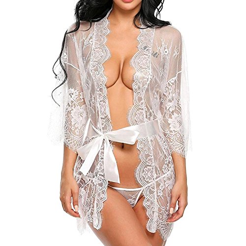 Tuopuda Mujer Bata Kimono Encaje Dormir Babydoll Camisón Malla y Tanga Conjunto y Cinturón