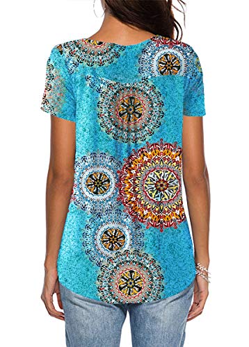 Tuopuda Mujer Casual Impreso Manga Corta Cuello En V Botones Plisados Flare Túnica Tops Floral Camisas Blusa