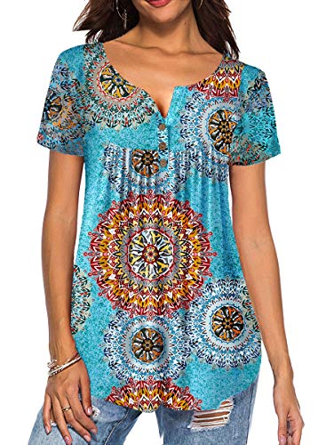 Tuopuda Mujer Casual Impreso Manga Corta Cuello En V Botones Plisados Flare Túnica Tops Floral Camisas Blusa