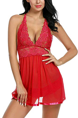 Tuopuda Mujer Lencería Encaje Babydoll Cuello en V Pijama Semi Transparente de Verano Halter sin Mangas Atractivas Floral Encaje Camisa de señora+Braguita