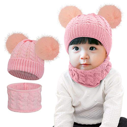 Tuopuda Sombrero para Niños Y Niñas Bufanda Conjunto Slouchy Invierno Grueso Bebe Beanie Gorros con Pompon Y Bufanda de Punto Cuello Redondo para 0-24 Meses Niña Niño