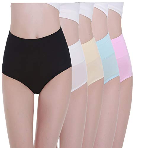 TUUHAW Braguita de Talle Alto Algodon para Mujer Pack de 5 Culotte Bragas de Cintura Alta Comodo, Multicolor, XL