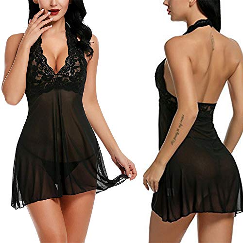 u&h Ropa de Noche Atractiva del camisón de Las Mujeres de la Ropa Interior erótica Cabestro muñeca del cordón de Cuello en V Lenceria,Negro,M