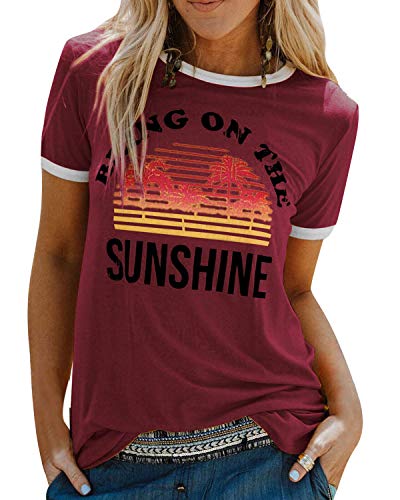 UMIPUBO Bluas de Mujer Camisa Algodón Cuello Redondo Basica Blusa Mujer Elegante Bring On The Sunshine Print Manga Corta Larga Camisa Suelta Mujer Casual Suelto Verano Invierno Primavera T-Shirts Tops