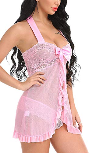 UMIPUBO Conjunto de Ropa de Dormir para Mujer Lencería de Encaje Transparente Camisón de Encaje Floral con Frente Abierto Vestido sin Mangas Babydoll sin Mangas Ropa de Dormir Suave para Mujer