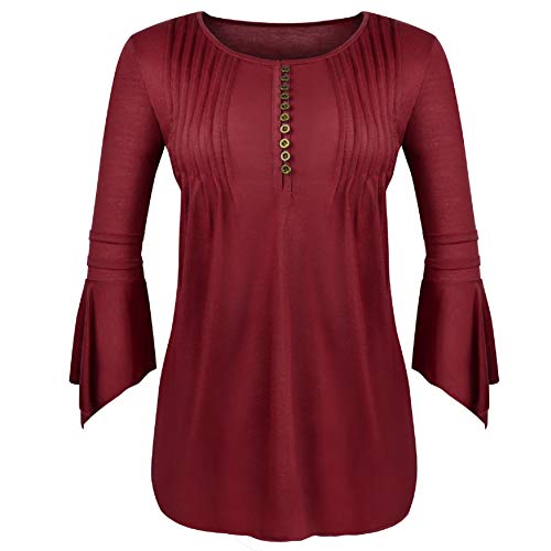 UMIPUBO Mujer Blusa 3/4 Manga Camisas Elegante Camisetas Primavera Verano Cuello en V Tops (L, Vino Rojo)