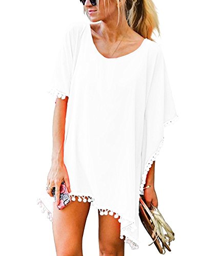 UMIPUBO Mujer Ropa de Baño Suelto Vestido de Playa Borla Verano Camisolas y Pareos Transparente Bikini Cover up (Blanco)