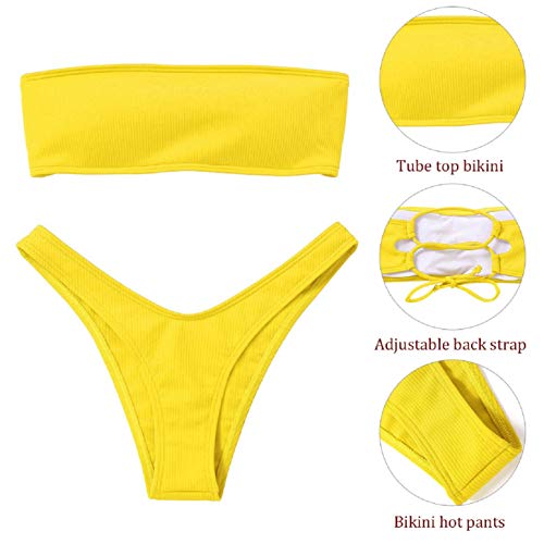 UMIPUBO Traje de Baño Mujer Bikini Bandeau Bañadores con Relleno Lazada en la Espalda Color Liso Talle Alto Conjunto de Color Sólido Ropa de Baño