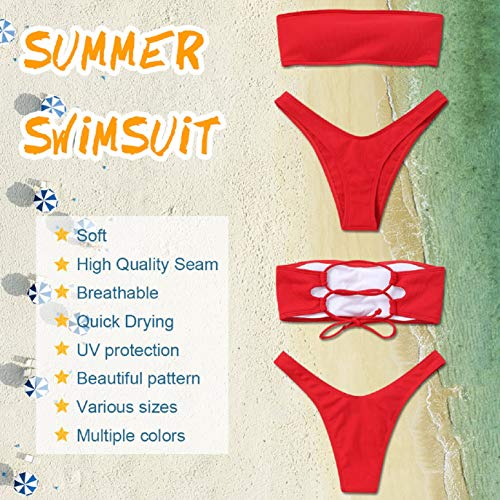 UMIPUBO Traje de Baño Mujer Bikini Bandeau Bañadores con Relleno Lazada en la Espalda Color Liso Talle Alto Conjunto de Color Sólido Ropa de Baño