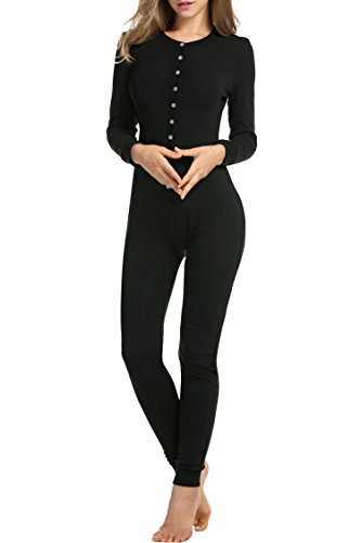 Unibelle Mono de dormir para mujer Onesie térmico, ropa interior elástica, ropa de dormir térmica, mono con camiseta de manga larga Negro XL