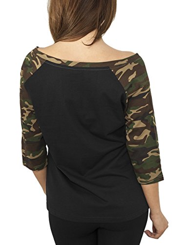 Urban Classics Ladies 3/4 Contrast Raglan tee Camiseta de Manga Larga, Blk/Woodcamo, S para Mujer