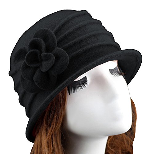 Urban GoCo Lana Cloche Sombreros Gorras para Mujer Vintage Floral Trimmed Sombreros de Invierno (#2 Negro)