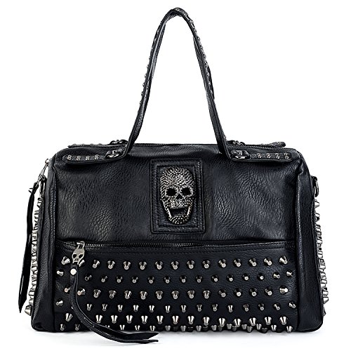 UTO - Bolso de Hombro de Mujer Bolso Tote Moda de Cuero Sintético Remache Tachonado Calavera Cráneo Estilo Punk Gótico con Cremallera