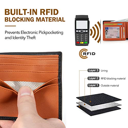 Vemingo Carteras de Hombre Cuero Genuino de Vaca con Bolsillo de Moneda/Monedero con RFID Bloqueo para Tarjetas de Crédito Portamonedas Ligeros para Hombre/Adolescente (Xb-063 Negro Naranja)