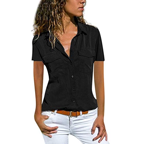 VEMOW Blusas Camisetas Mujeres Manga Corta Suelta Manga Corta Cuello Bolsillos Botones Tops(Negro,M)