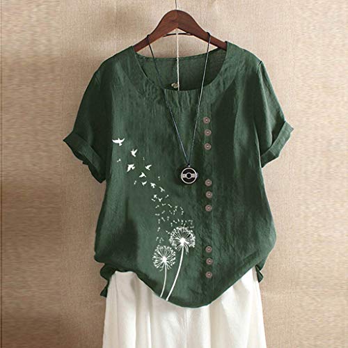 VEMOW Camiseta Mujer Casual Talla Extra Manga Corta Elegante Algodón Lino  Cuello Redondo Impresión Blusa Parte Superior Tops Shirts tee Verano OtoñO(E Verde,2XL)