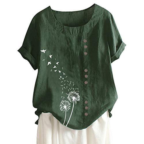 VEMOW Camiseta Mujer Casual Talla Extra Manga Corta Elegante Algodón Lino  Cuello Redondo Impresión Blusa Parte Superior Tops Shirts tee Verano OtoñO(E Verde,2XL)