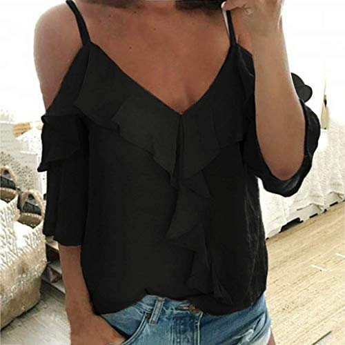 VEMOW Camisole Blusas Tirantes de poliéster para Mujer con Cuello en V Halter con Volantes Camiseta(Negro,XXL)