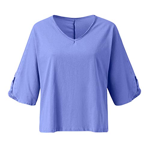 VEMOW Mujeres Casual Tallas Grandes Camiseta Cuello en v  Sólido Manga de Tres Cuartos Camiseta Suelto Túnica Tops de Verano Blusas OtoñO Primavera Nueva Mejor Venta(Azul,XL)