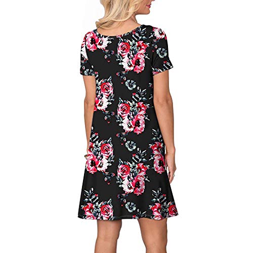 VEMOW Vestido Mujer Mujeres Verano Manga Corta Floral Bolsillos Impresos Vestido de oscilación Ocasional de Sundress(A Negro,S)