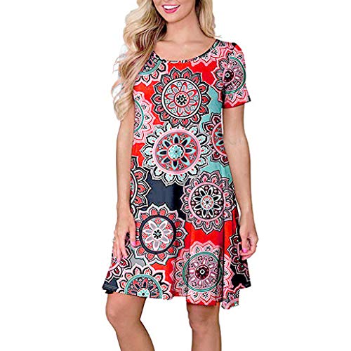 VEMOW Vestido Mujer Mujeres Verano Manga Corta Floral Bolsillos Impresos Vestido de oscilación Ocasional de Sundress(B Naranja,M)