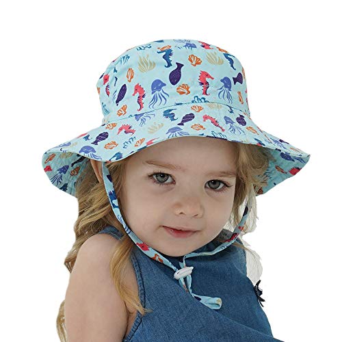 Verano bebé Sombrero para el Sol niños Gorra niños Unisex Playa niñas Sombreros de Cubo Dibujos Animados Infantil protección UV -Blue seahorse-1-6-36 Months Baby