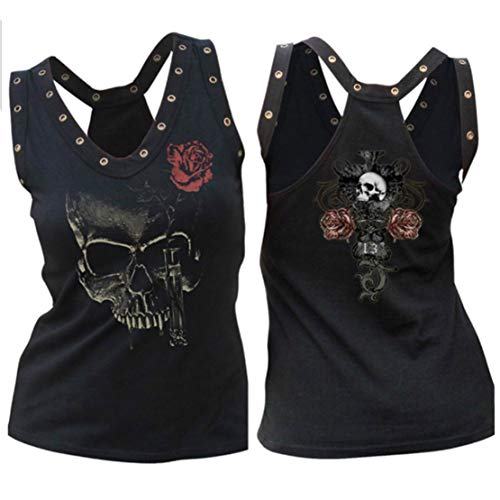 Verano Camiseta de Tirantes de Mujer Camiseta Calavera Flores Impresión Sin Mangas Chaleco Mujer Negro Punk Vest Tank Tops Skull/M