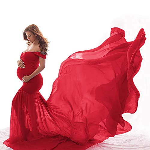 Vestido de maternidad para mujeres embarazadas, vestido de maternidad largo de gasa con hombros descubiertos, vestido elegante para boda, cuidado de enfermería, encantador para mamá rojo Talla única