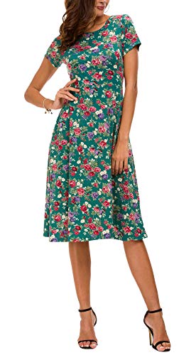 Vestido Estampado Floral de Mujer Cintura Alta Vestido a Media Pierna Manga Corta (XL, 1)