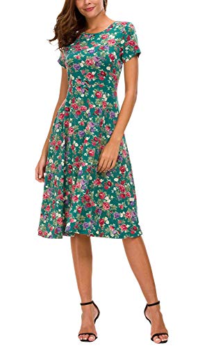 Vestido Estampado Floral de Mujer Cintura Alta Vestido a Media Pierna Manga Corta (XL, 1)