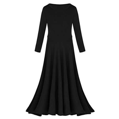 Vestido Litúrgico de Niña Manga Larga O-Cuello Color Sólido Oscilación Plisado Largo Maxi Alabanza Vestidos Iglesia Traje de Adoración Ballet Flamenco Danza Túnico Fiesta Casual Negro 5-6 Años