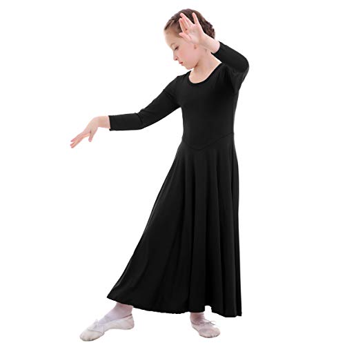 Vestido Litúrgico de Niña Manga Larga O-Cuello Color Sólido Oscilación Plisado Largo Maxi Alabanza Vestidos Iglesia Traje de Adoración Ballet Flamenco Danza Túnico Fiesta Casual Negro 5-6 Años