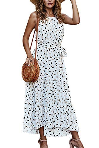 Vestido Mujer Bohemio Largo Verano Playa Fiesta Skater a Lunares Sin Mangas Boho Maxi Vestidos con Cinturón Punto Blanco S