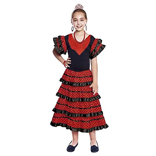 Vestido Sevillanas Niña con Accesorios Flamenca Peineta Collar Pulsera Pendientes Negro【Tallas Infantiles de 1 a 15 años】[7-9 años] Disfraz Sevillana Traje Flamenca Volantes Feria Abril Sevilla Baile