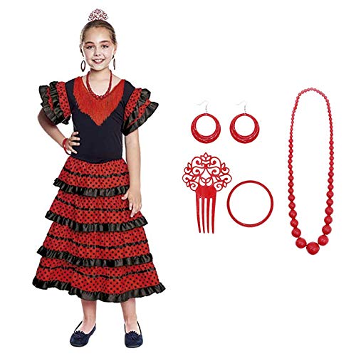 Vestido Sevillanas Niña con Accesorios Flamenca Peineta Collar Pulsera Pendientes Negro【Tallas Infantiles de 1 a 15 años】[7-9 años] Disfraz Sevillana Traje Flamenca Volantes Feria Abril Sevilla Baile