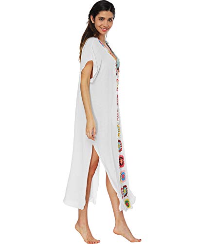 Vestidos de Playa Largos Cuello V Vestidos Pareos Playeros Boho Vestido Playa Mujer Kaftan Camisolas Caftanes Tunica Playa Piscina Ropa de Baño Playero Bikini Cover Up Tunicas Playera Camisola Blanco