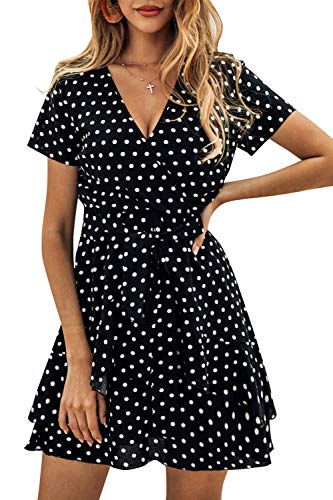 Vestidos Mujer Bohemio Corto Lunares Verano Playa Fiesta Vestido Casual Magas Cortas Cuello en V Noche Playa Vacaciones Negro S