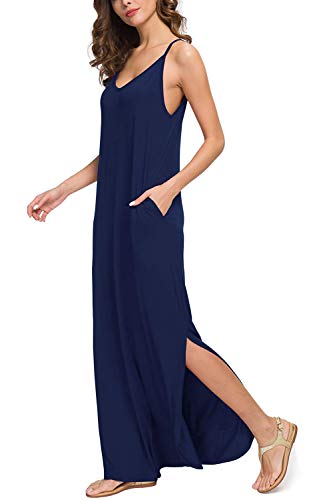 Vestidos Mujer Casual Playa Largos Boho Floral Maxi Vestido Bohemio Tirantes Playa Verano Azul Marino M