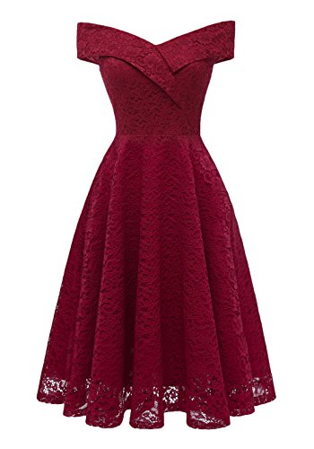 Vestidos Verano Mujer Vestidos De Fiesta Elegantes Hombro Descubierto Ropa Dama Moderno Cuello Barco Encaje Vestido Años 50 A-Lìnea Vintage para Bodas (Color : Winered, Size : M)