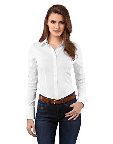 Vincenzo Boretti Camisa de Mujer Elegante y clásica, Ajustada Entallado (Slim-fit), Mezcla de algodón, Ligeramente elástica, Manga-Larga, Cuello Kent, Lisa - fácil de Planchar Blanco 36